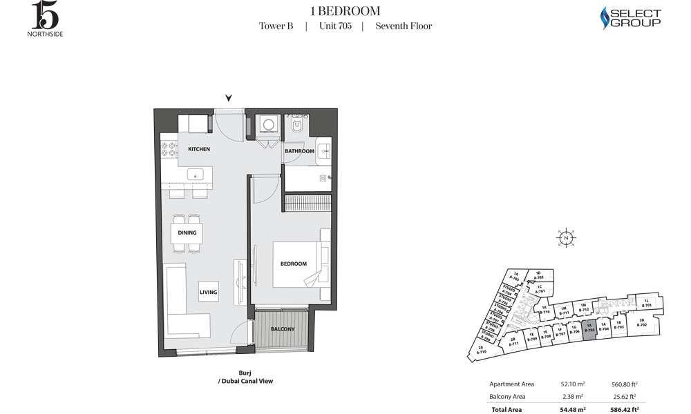 Tower B, 1 Bedroom, Unit 705, Seventh Floor